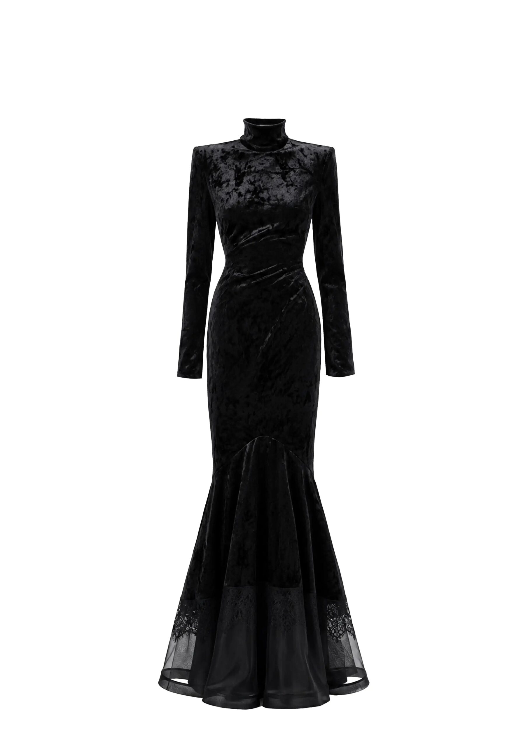 Avaro Figlio Dominion High-Neck Velvet Lace Mermaid Gown in Black