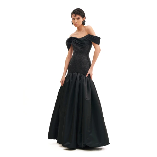 Avaro Figlio Draped Shoulders Crystal Gown With Hourglass Flare Skirt, view 2
