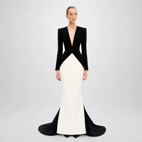 Avaro Figlio Eclipse Black & White Cady V-Neck Gown with Train, view 2