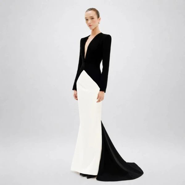 Avaro Figlio Eclipse Black & White Cady V-Neck Gown with Train, view 3
