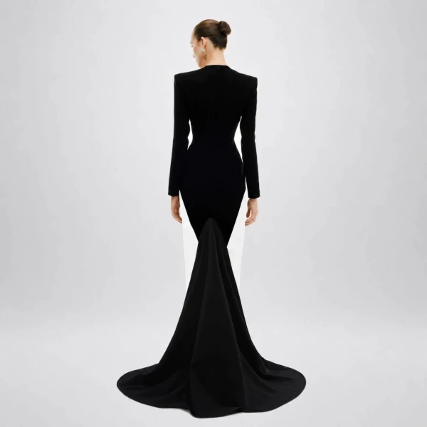 Avaro Figlio Eclipse Black & White Cady V-Neck Gown with Train, view 4