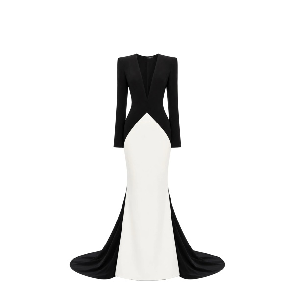 Avaro Figlio Eclipse Black & White Cady V-Neck Gown with Train