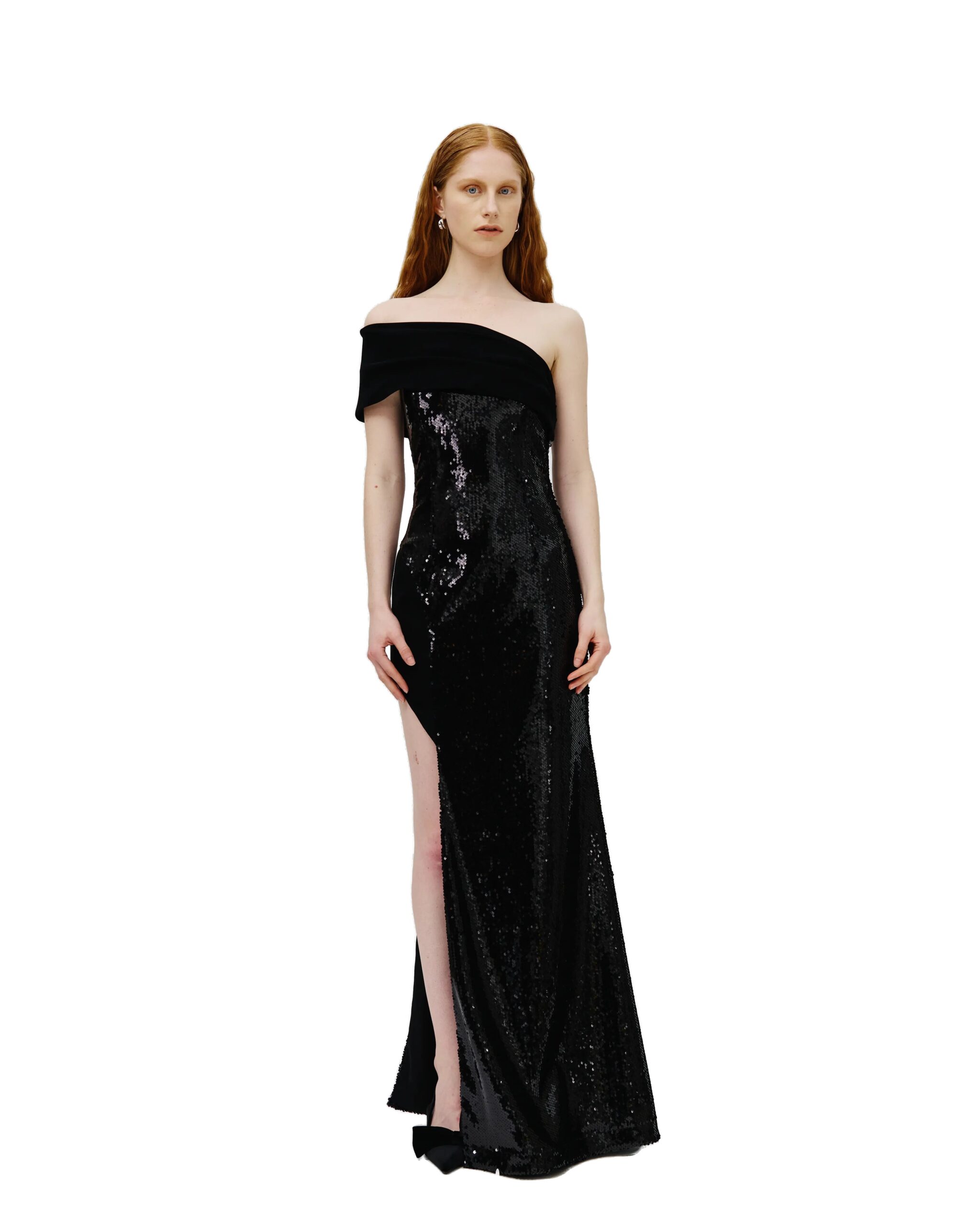 Avaro Figlio Eva Asymmetric Sequin & Cady Dress in Black