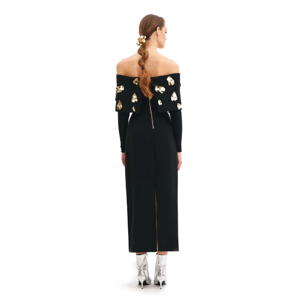 Avaro Figlio Foglia d'Oro Bardot Dress With Long Sleeves, view 3