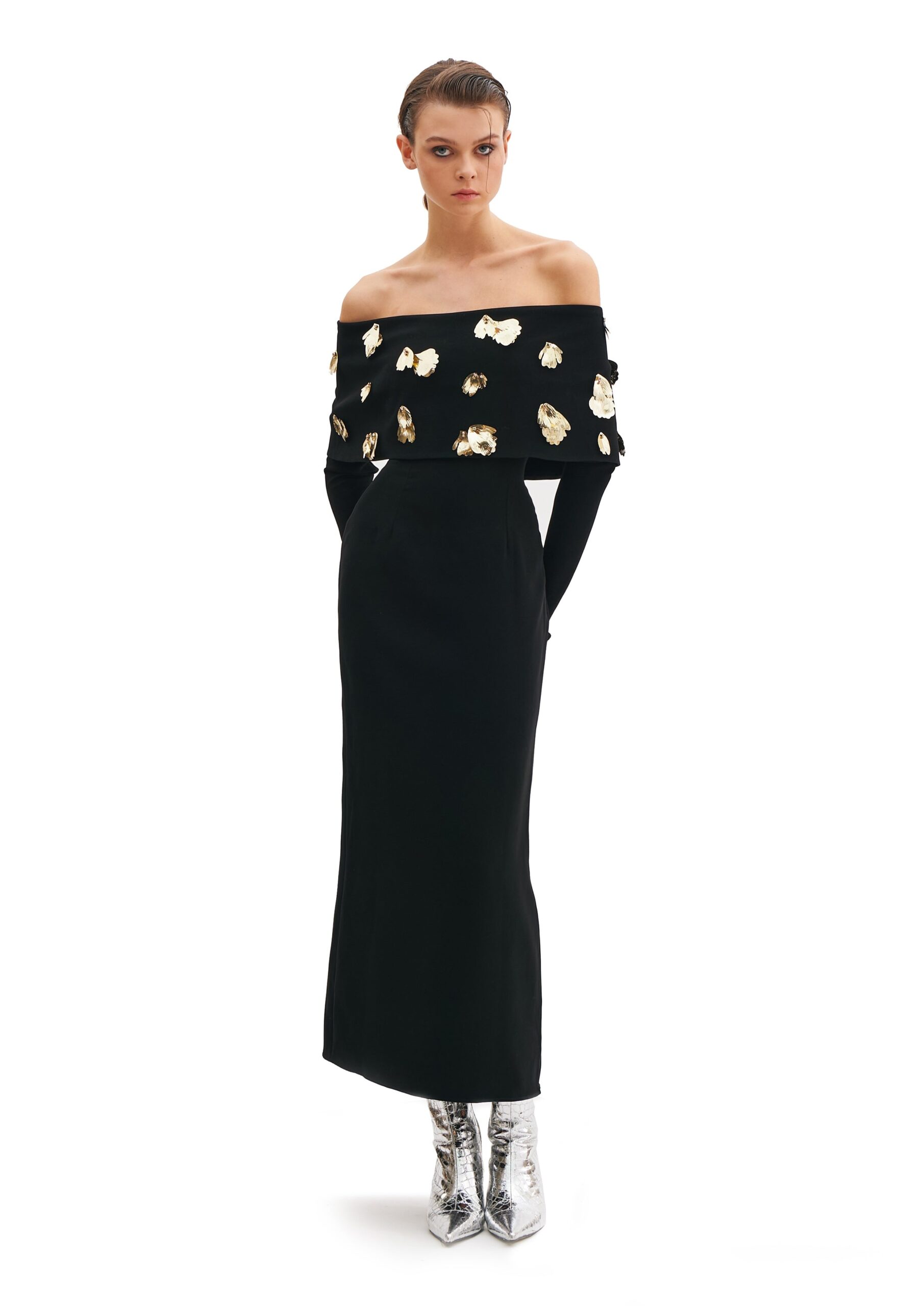 Avaro Figlio Foglia d'Oro Bardot Dress With Long Sleeves in Black