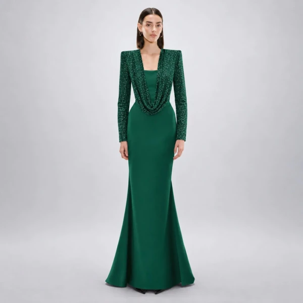 Avaro Figlio Forest Green Crystal Mermaid Maxi Dress, view 2