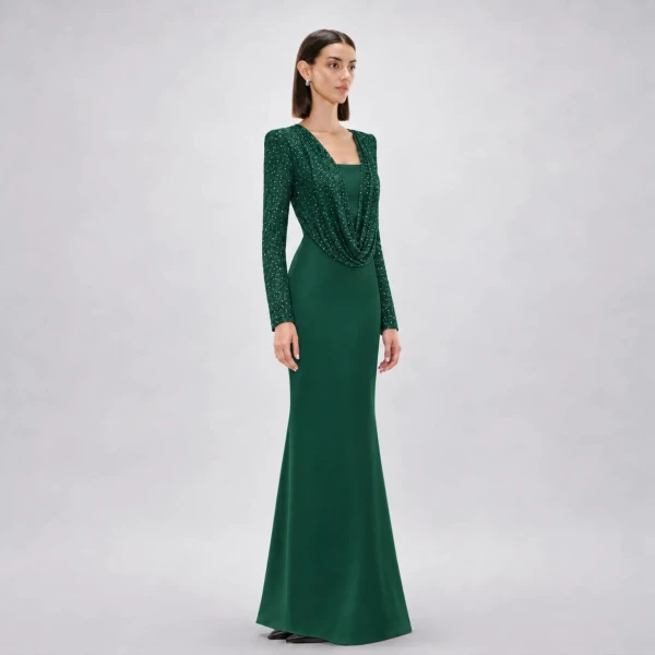 Avaro Figlio Forest Green Crystal Mermaid Maxi Dress, view 3