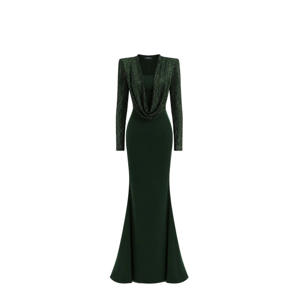 Avaro Figlio Forest Green Crystal Mermaid Maxi Dress
