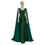 Avaro Figlio Forest Green Sequin Corseted Mermaid Dress with Cascade Sleeves