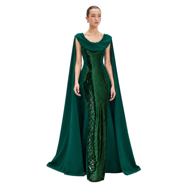 Avaro Figlio Forest Green Sequin Corseted Mermaid Dress with Cascade Sleeves