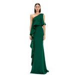 Avaro Figlio Forest Green Sequin One-Shoulder Maxi Dress with Ruffle