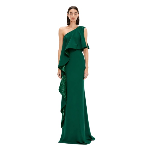 Avaro Figlio Forest Green Sequin One-Shoulder Maxi Dress with Ruffle