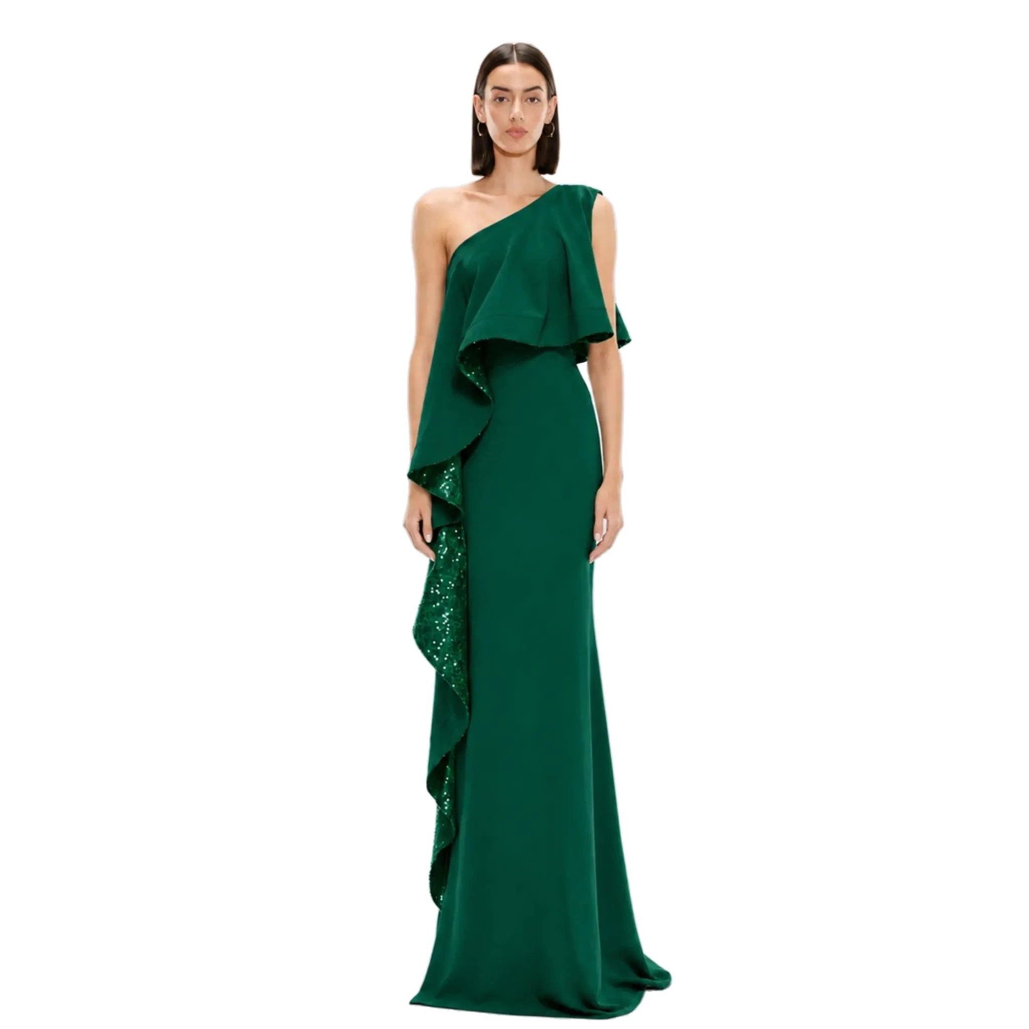 Avaro Figlio Forest Green Sequin One-Shoulder Maxi Dress with Ruffle in Green