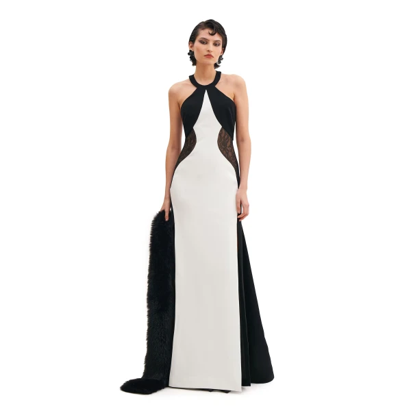 Avaro Figlio Halter Neck Criss-Cross Maxi Dress With Lace Inserts