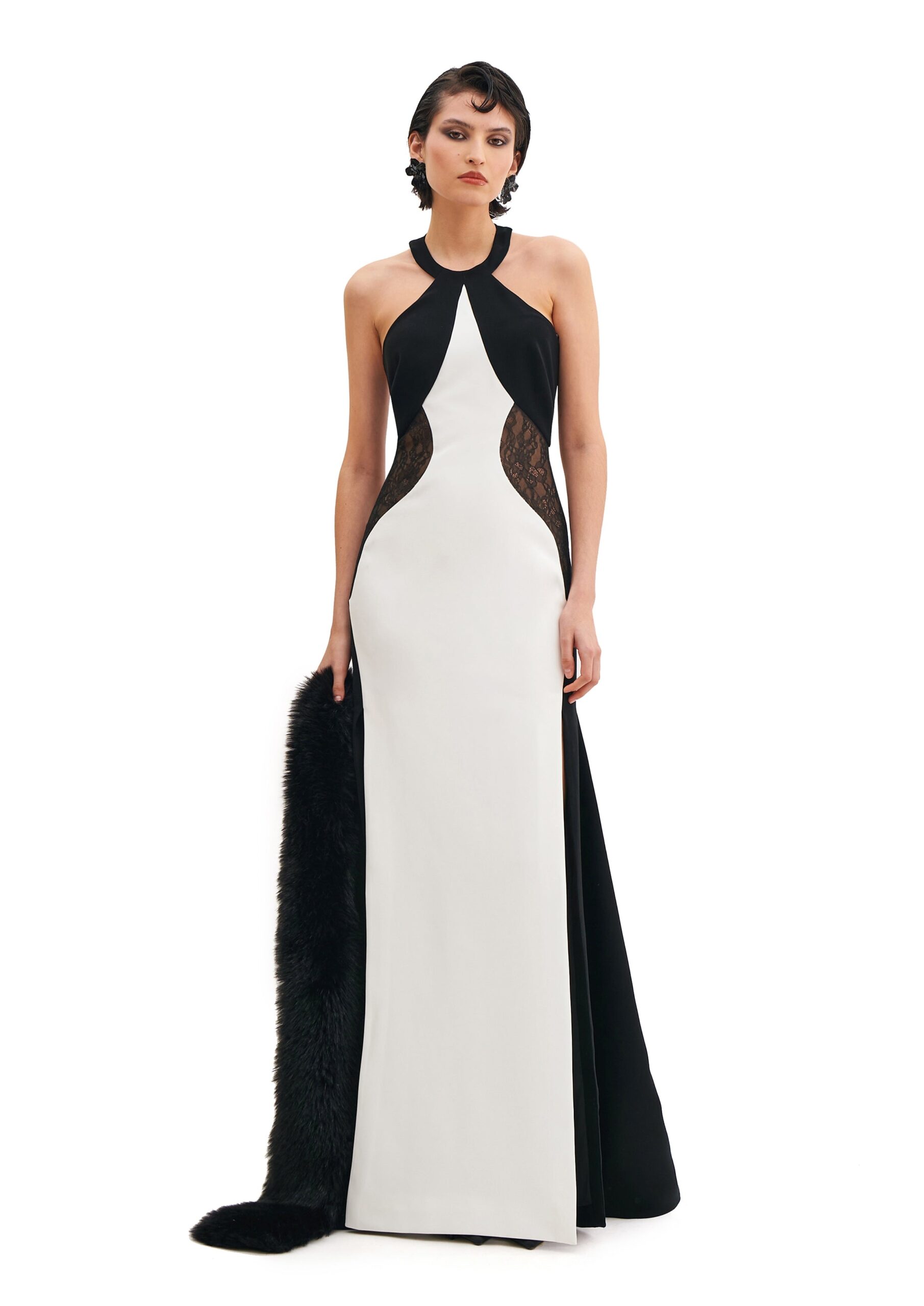 Avaro Figlio Halter Neck Criss-Cross Maxi Dress With Lace Inserts in Black
