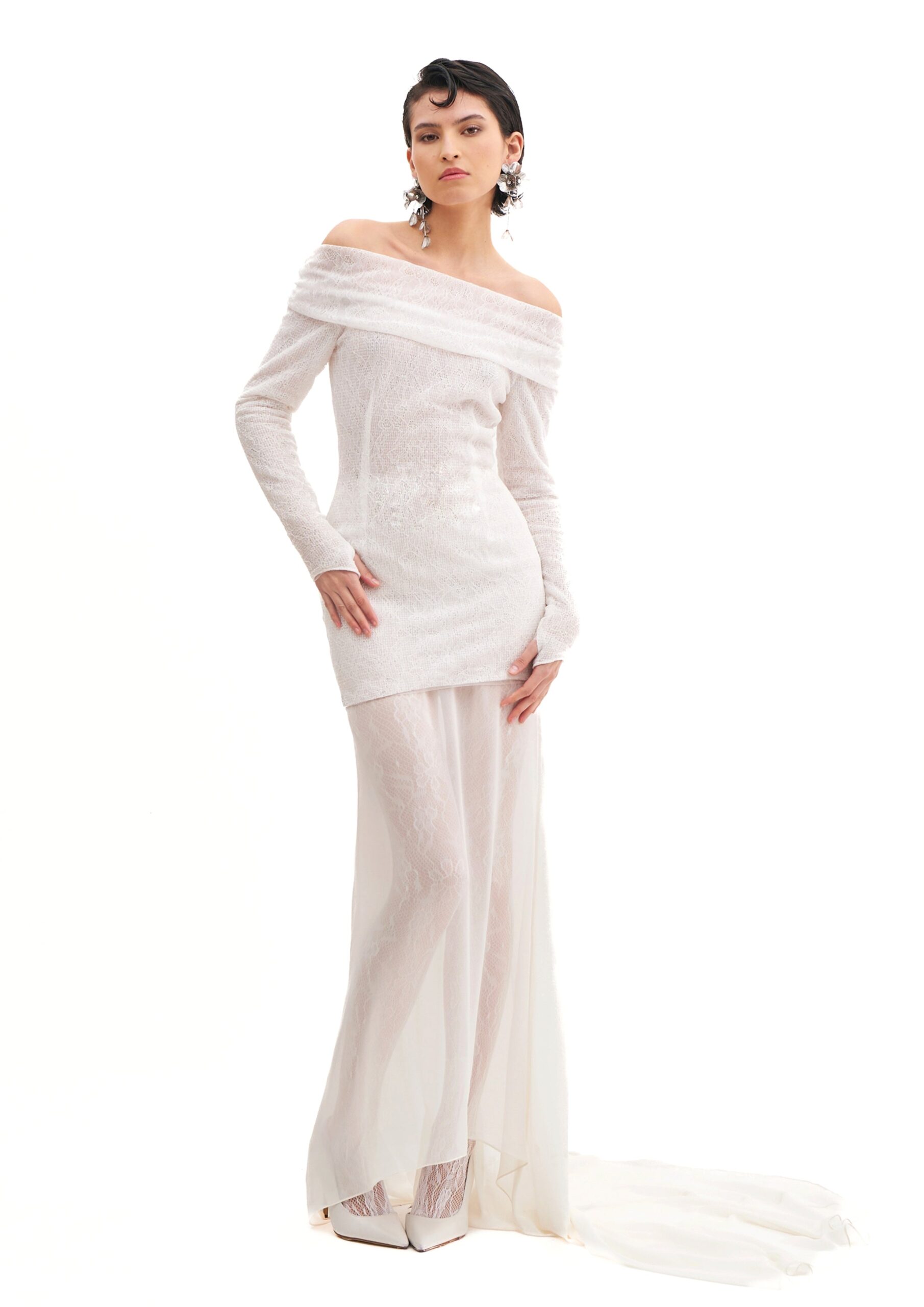 Avaro Figlio Lacy Bardot Mini Dress in White