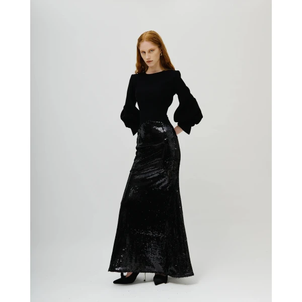 Avaro Figlio Midnight Black Cady & Sequin Gown, view 2
