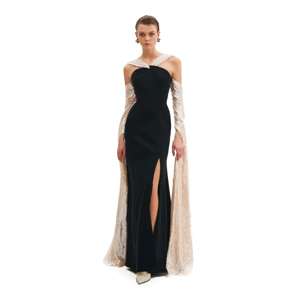 Avaro Figlio Midnight Maxi Dress With Contrast Scarf Detail