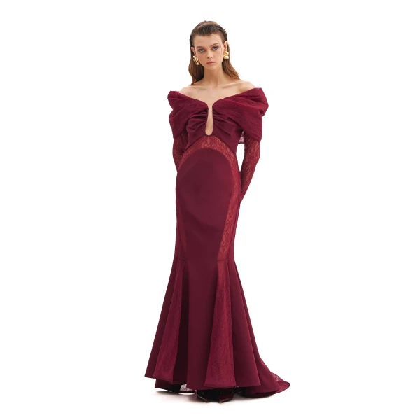 Avaro Figlio Off-Shoulder Mermaid Dress With Lace Inserts And Long Sleeves