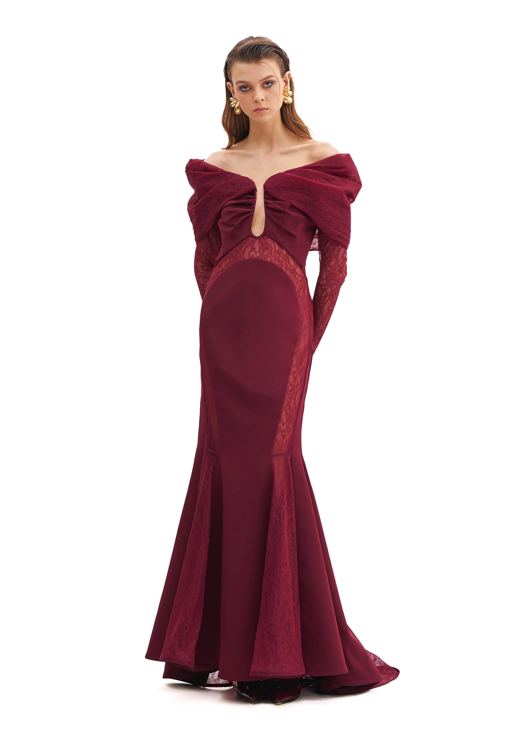 Avaro Figlio Off-Shoulder Mermaid Dress With Lace Inserts And Long Sleeves in Red