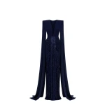 Avaro Figlio Sculpted Plunge Midnight Blue Crystal Maxi Dress with Cascade Sleeves