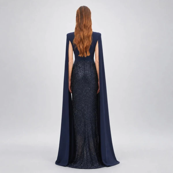 Avaro Figlio Sculpted Plunge Midnight Blue Crystal Maxi Dress with Cascade Sleeves, view 4