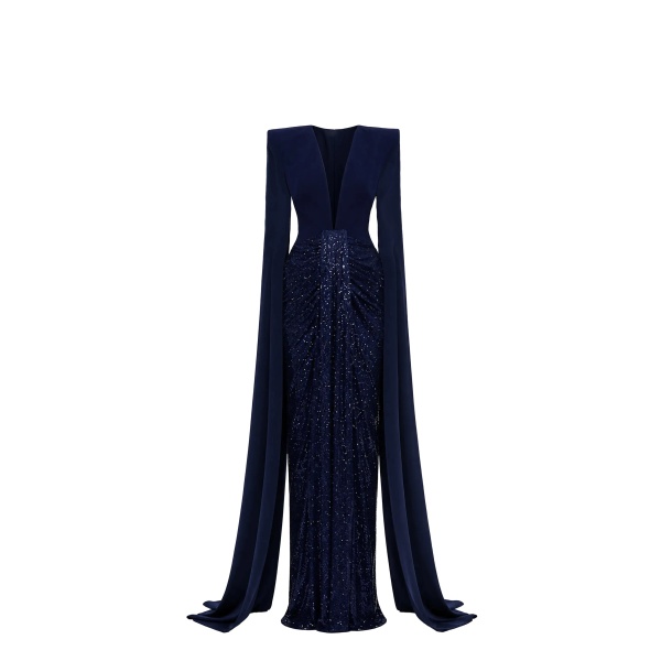 Avaro Figlio Sculpted Plunge Midnight Blue Crystal Maxi Dress with Cascade Sleeves