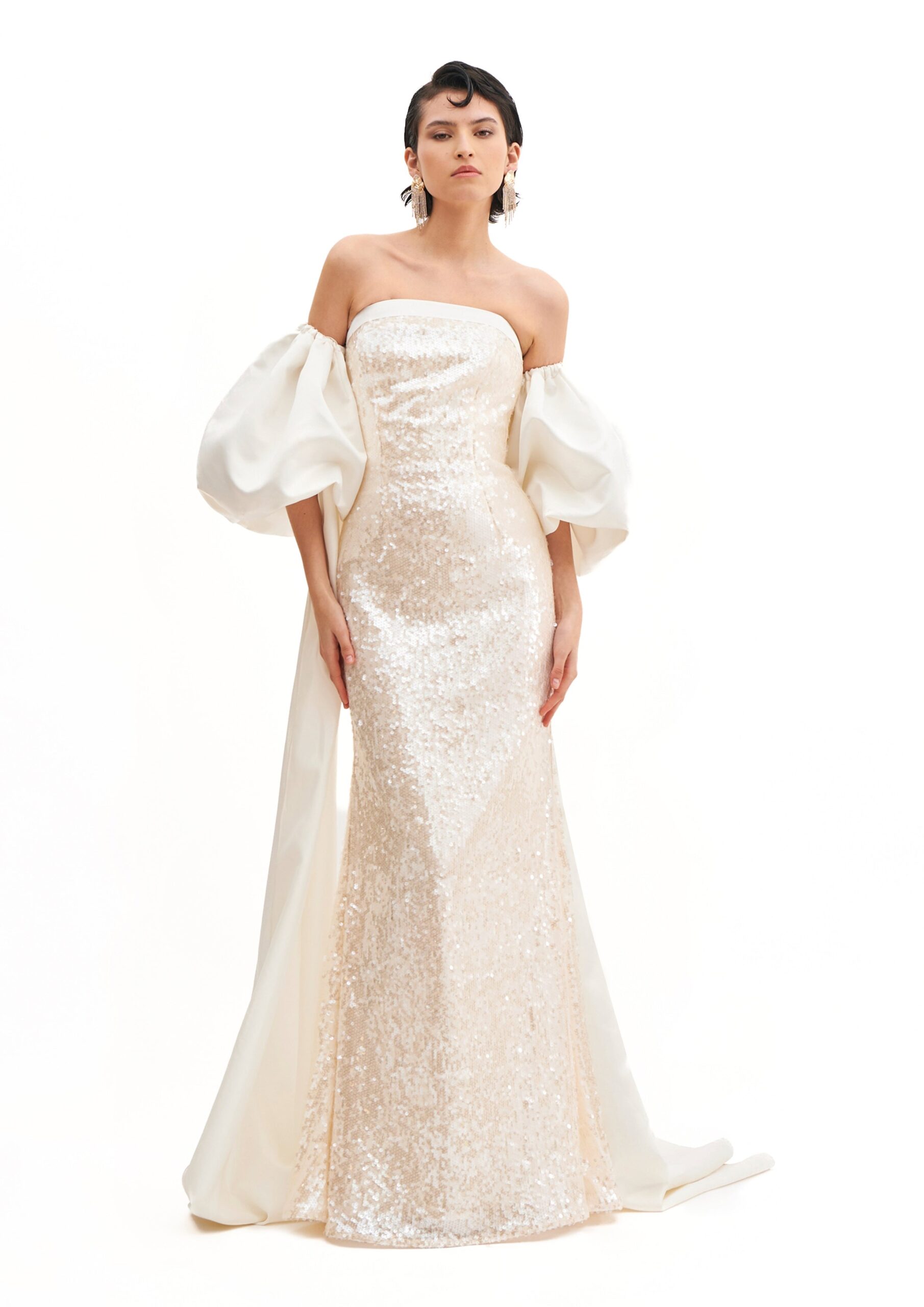 Avaro Figlio Silhouette Dress With Cascade Sleeves in White