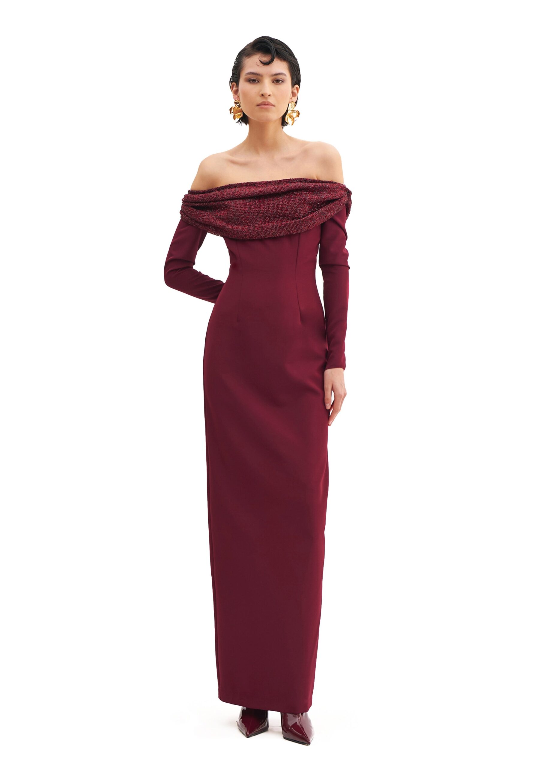 Avaro Figlio Starry Bardot Column Maxi Dress in Red