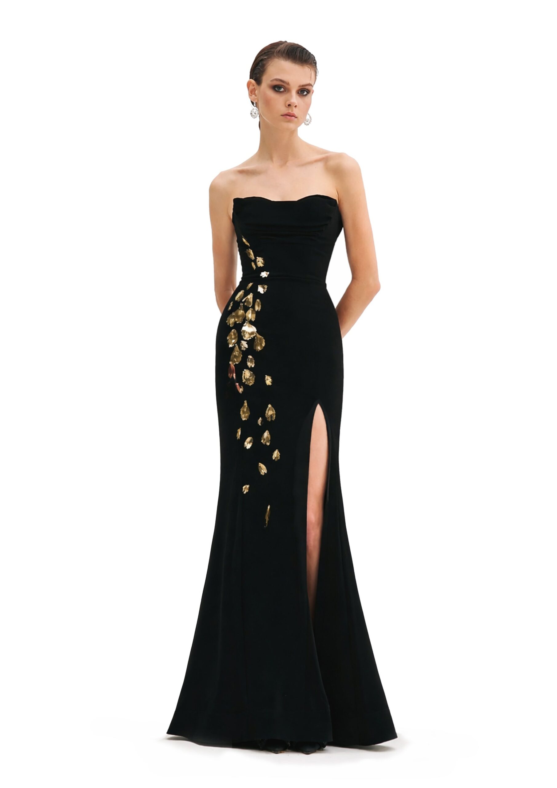 Avaro Figlio Strapless Gown With Gold Embroidery in Black