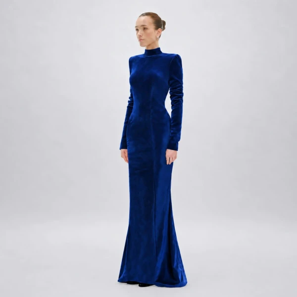 Avaro Figlio Velvet Opulence Midnight Blue Mermaid Maxi Dress, view 3