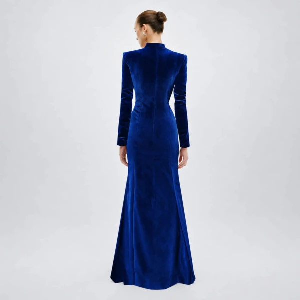 Avaro Figlio Velvet Opulence Midnight Blue Mermaid Maxi Dress, view 4