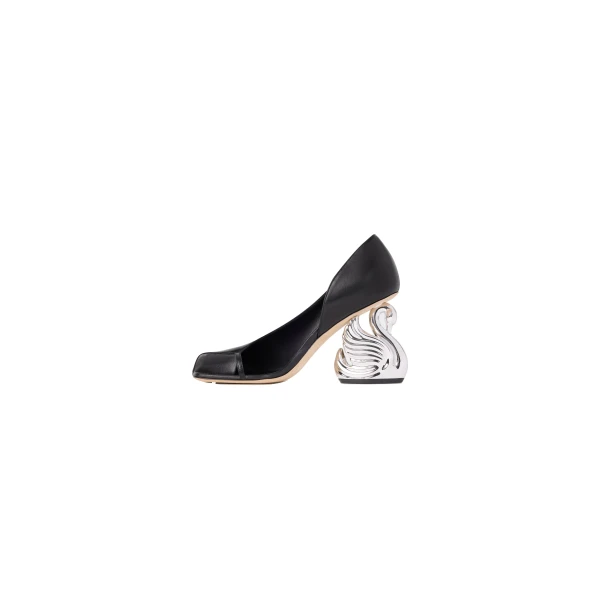 A.W.A.K.E. MODE Christine Cousin Shoes With Swan Heel Black Silver Gold, view 2