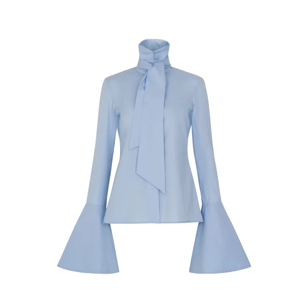 A.W.A.K.E. MODE Victorian Style High Collar Top With Jabot Light Blue