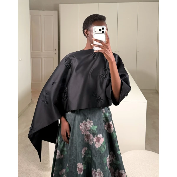 Bernadette Cape Leo in Black Lingerie Rose Embroidery on Black | Jackets | Luxury Shoes 