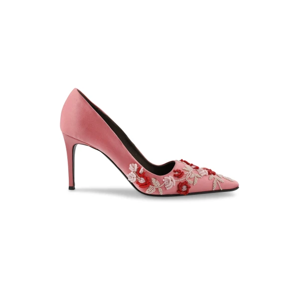 Bernadette Classic Satin High Heel Pump Rose Embroidery in Multi Pastel Lingerie Rose Embroidery on Pink | Heels | Luxury Shoes 