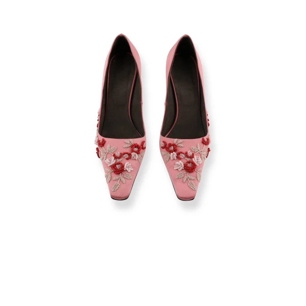 Bernadette Classic Satin High Heel Pump Rose Embroidery in Multi Pastel Lingerie Rose Embroidery on Pink | Heels | Luxury Shoes 