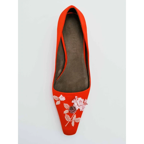 Bernadette Classic Satin Pump Rose Embroidered in Pink and Rose Lingerie Rose Embroidery on Red | Heels | Luxury Shoes 