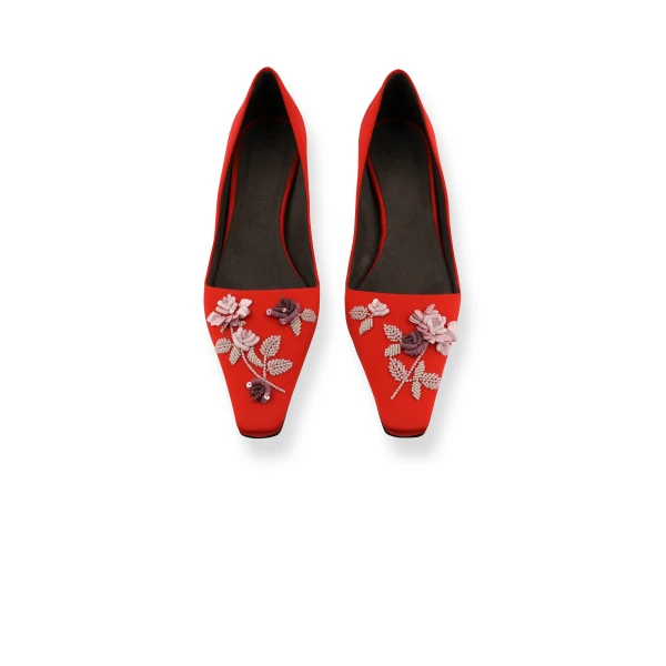 Bernadette Classic Satin Pump Rose Embroidered in Pink and Rose Lingerie Rose Embroidery on Red | Heels | Luxury Shoes 