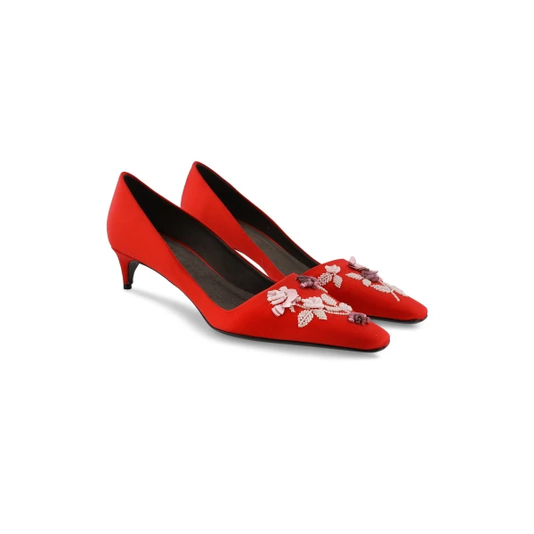 Classic Satin Pump Rose Embroidered in Pink and Rose Lingerie Rose Embroidery on Red
