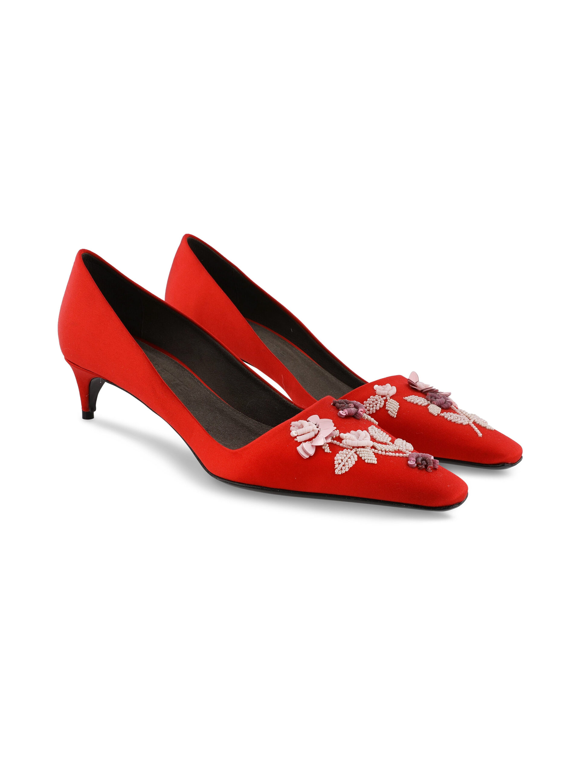 Bernadette Classic Satin Pump Rose Embroidered in Pink and Rose Lingerie Rose Embroidery on Red Bernadette Classic Satin Pump Rose Embroidered in Pink and Rose Lingerie Rose Embroidery on Red | Heels | Luxury Shoes