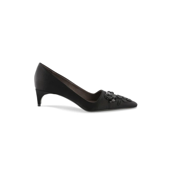 Bernadette Classic Satin Pump Rose Embroidery in Black Lingerie Rose Embroidery on Black | Heels | Luxury Shoes 