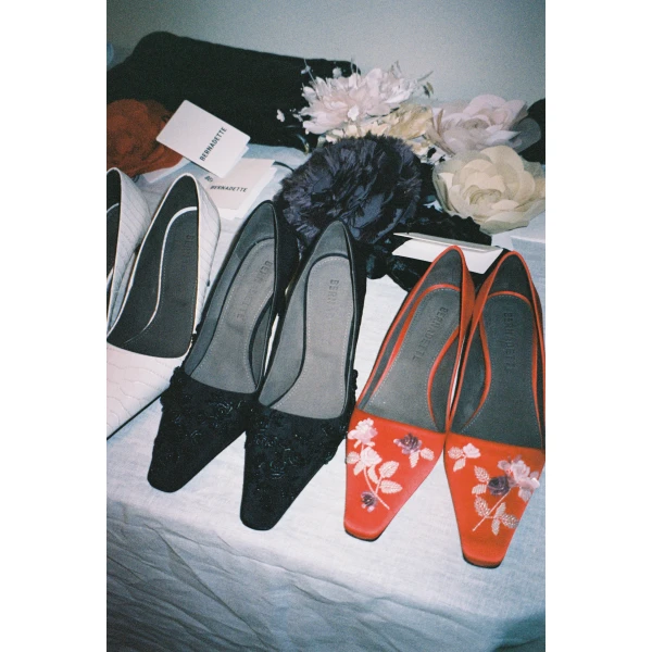 Bernadette Classic Satin Pump Rose Embroidery in Black Lingerie Rose Embroidery on Black | Heels | Luxury Shoes 