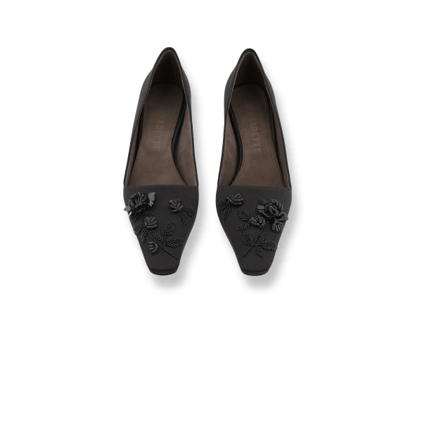 Bernadette Classic Satin Pump Rose Embroidery in Black Lingerie Rose Embroidery on Black | Heels | Luxury Shoes 