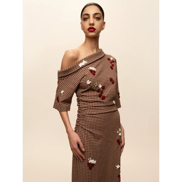 Bernadette Dress Bowery Embroidered in Red Berry Embroidery on Brown and Pink Wool Vichy | Maxi Dresses | Luxury Shoes 