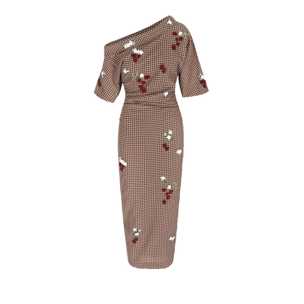 Bernadette Dress Bowery Embroidered in Red Berry Embroidery on Brown and Pink Wool Vichy | Maxi Dresses | Luxury Shoes 