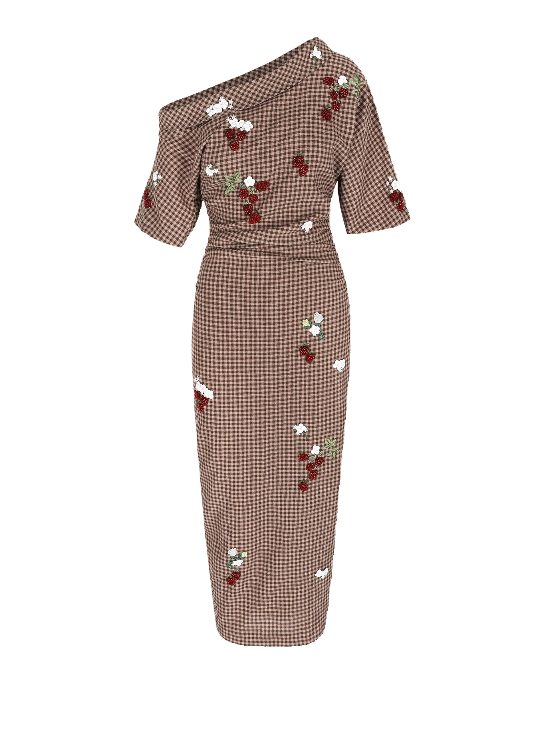 Bernadette Dress Bowery Embroidered in Red Berry Embroidery on Brown and Pink Wool Vichy Bernadette Dress Bowery Embroidered in Red Berry Embroidery on Brown and Pink Wool Vichy | Maxi Dresses | Luxury Shoes