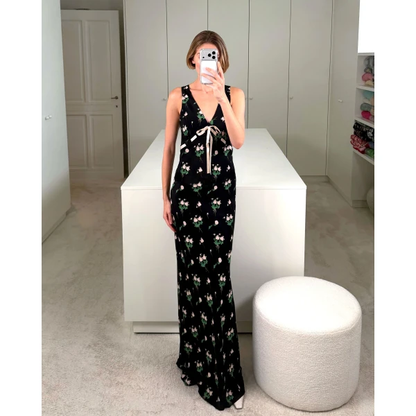 Bernadette Dress Camille in Lingerie Roses Pink on Black | Maxi Dresses | Luxury Shoes 