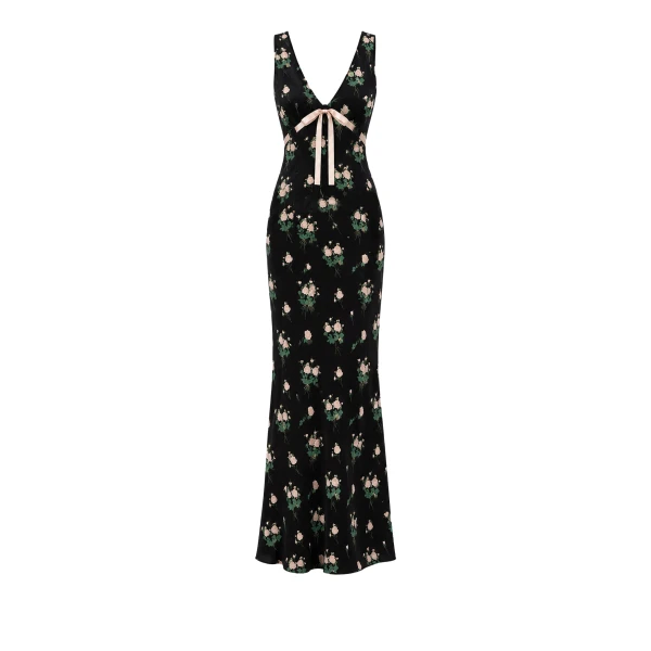 Bernadette Dress Camille in Lingerie Roses Pink on Black | Maxi Dresses | Luxury Shoes 