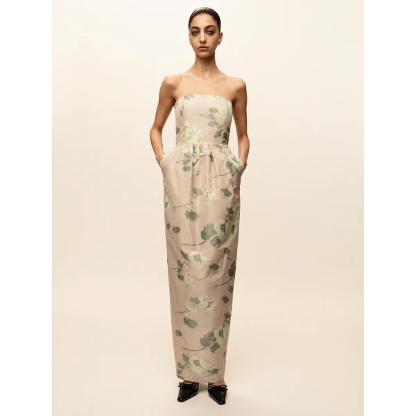 Bernadette Dress Lena in Chine Hydrangea Green on Beige | Maxi Dresses | Luxury Shoes 